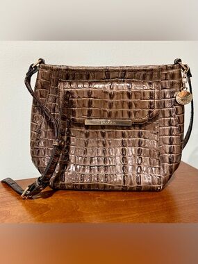 Brahmin Embossed Croc Gator Crossbody Bag Olive Drab Green/Brown Leather Purse